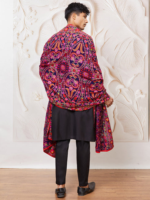 Men's Black Silk Blend Kurta,Pyjama And Dupatta Set.